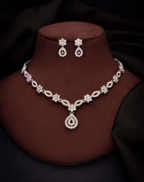 Silver Plated Necklace Set With American Diamond