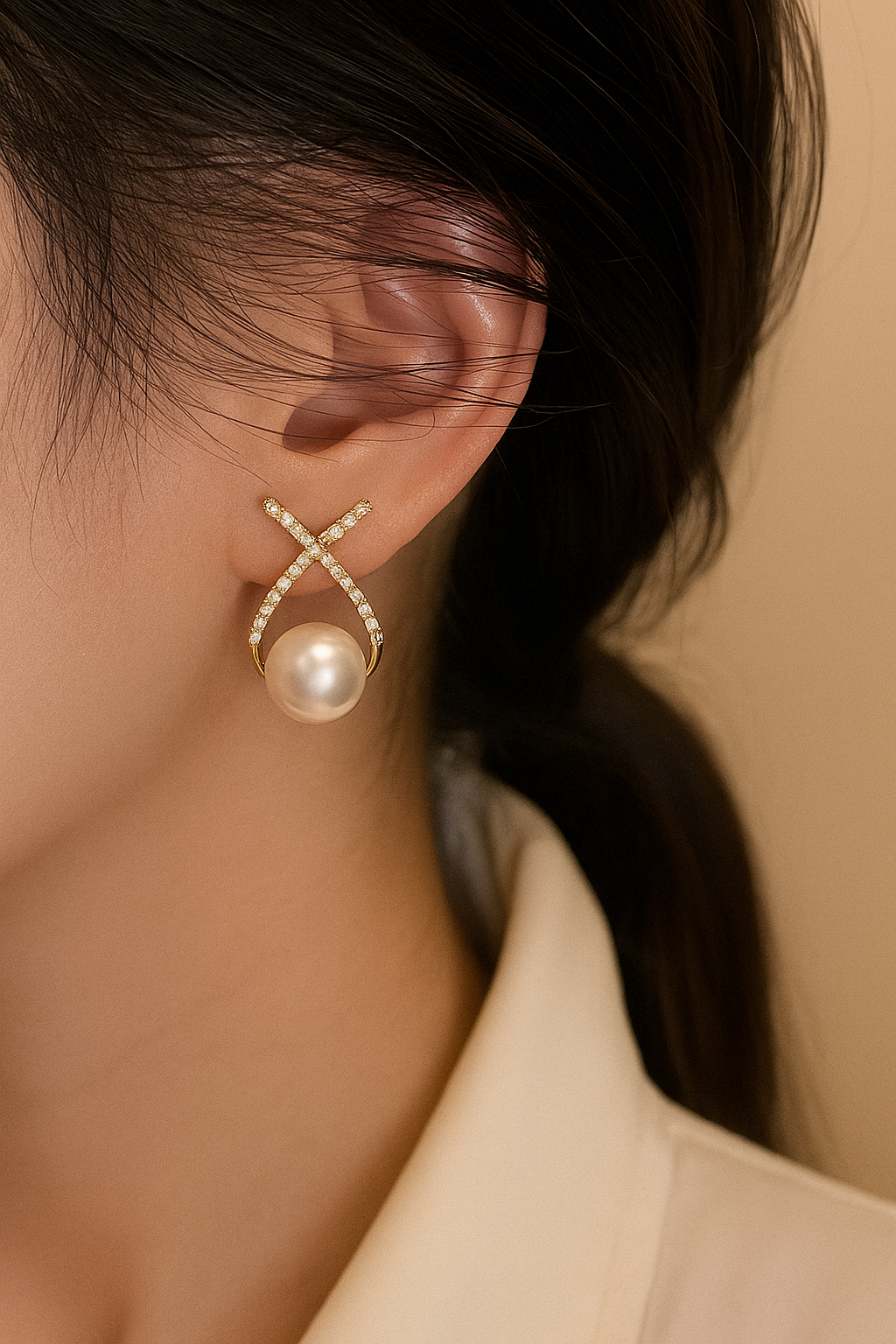 Premium Knot Style Stones Studded Pearl Drop Korean Push Plugs Earrings