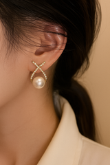 Premium Knot Style Stones Studded Pearl Drop Korean Push Plugs Earrings