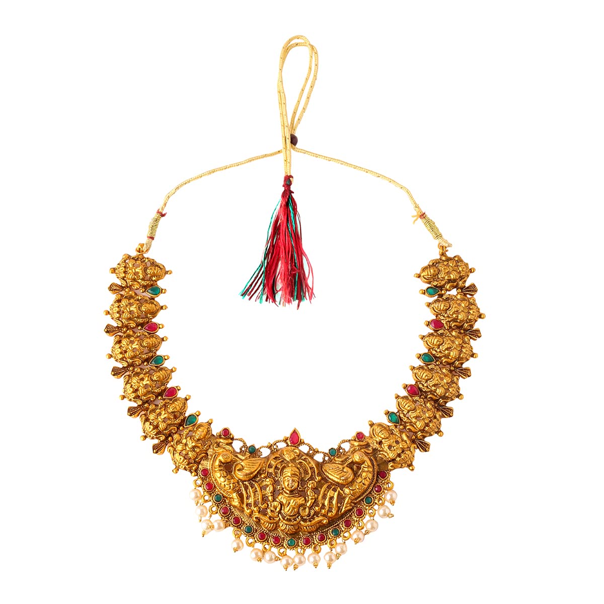 Women Gold Plated Traditional Temple Jewelry Set Antique Necklace Set with Earrings and Maangtikka for Women and Girls