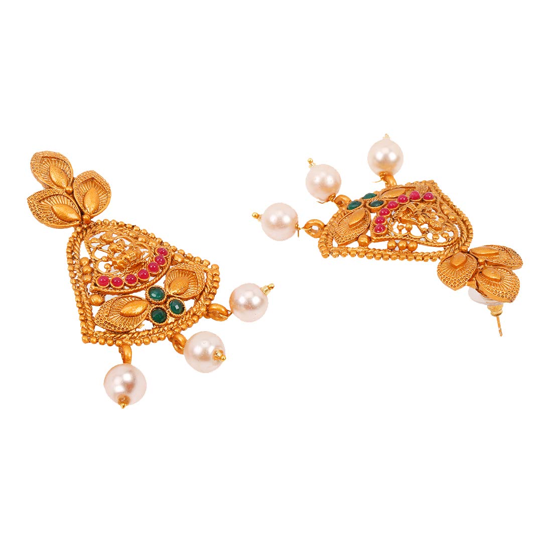 Women Gold Plated Traditional Temple Jewelry Set Antique Necklace Set with Earrings and Maangtikka for Women and Girls