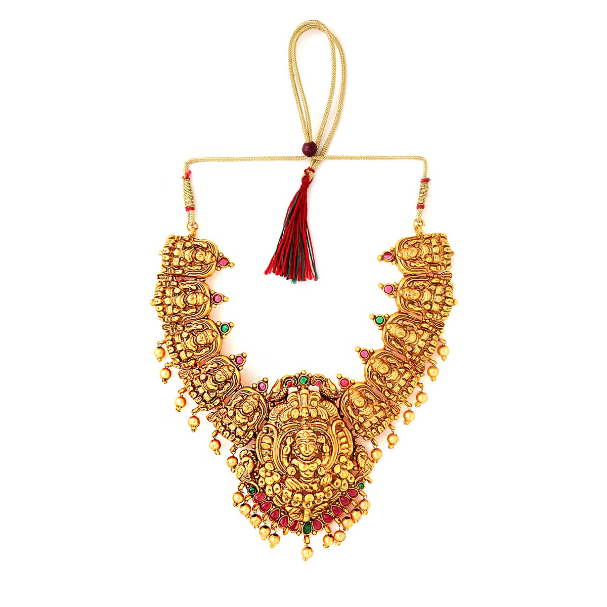 Women Gold Plated Traditional Temple Jewelry Set Antique Necklace Set with Earrings and Maangtikka for Women and Girls