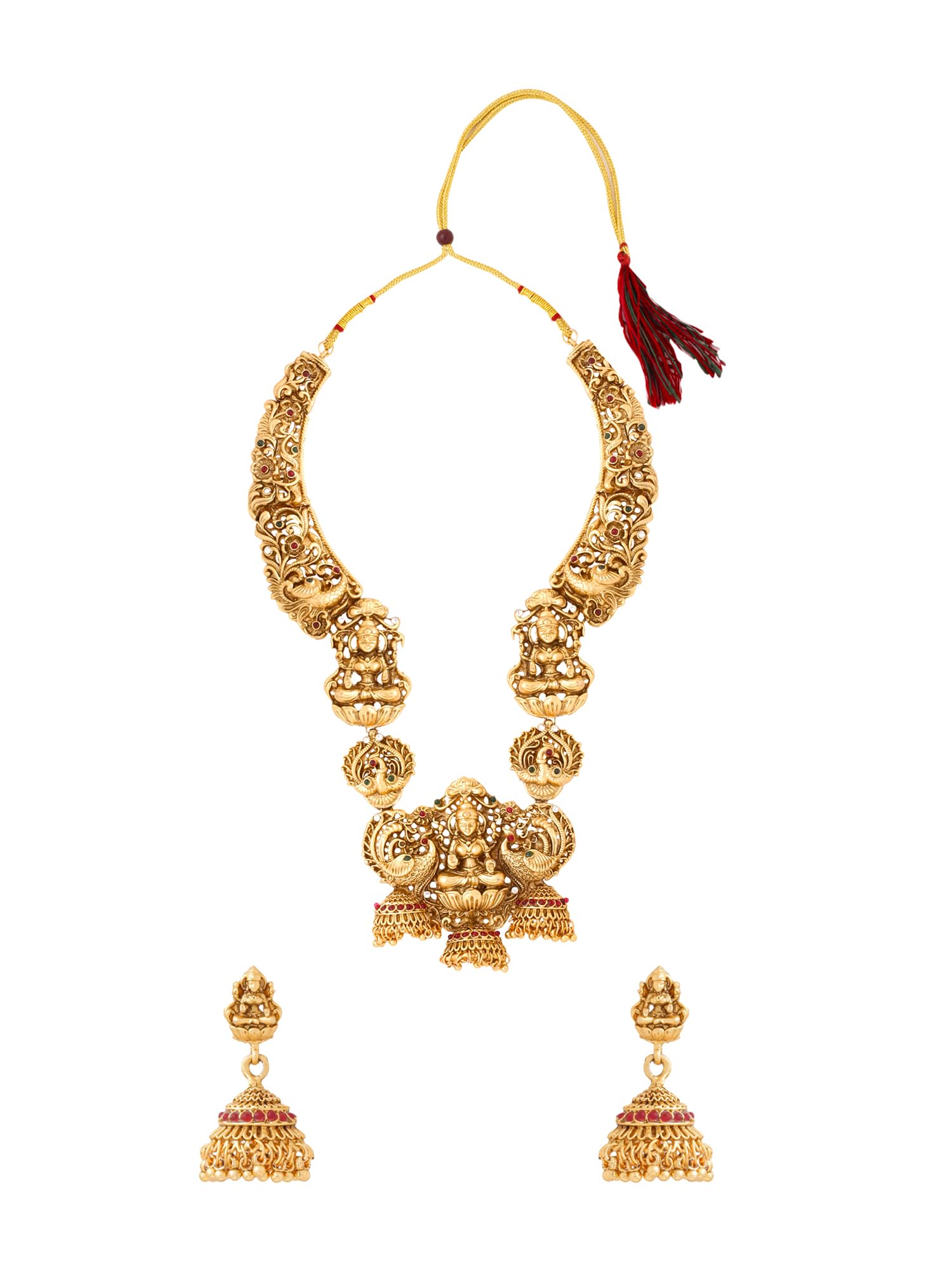 Women Gold Plated Traditional Temple Jewelry Set Antique Necklace Set with Earrings and Maangtikka for Women and Girls