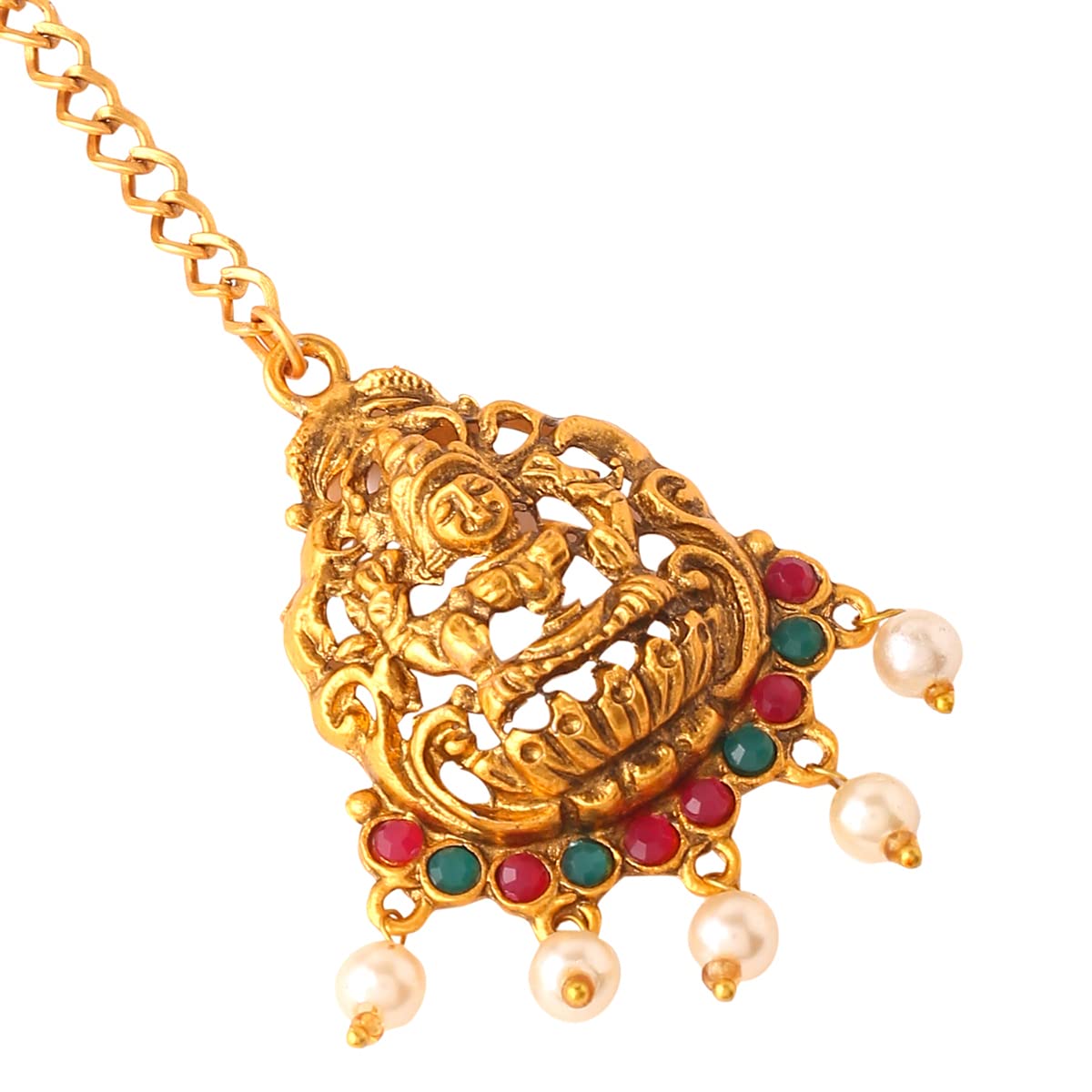 Women Gold Plated Traditional Temple Jewelry Set Antique Necklace Set with Earrings and Maangtikka for Women and Girls