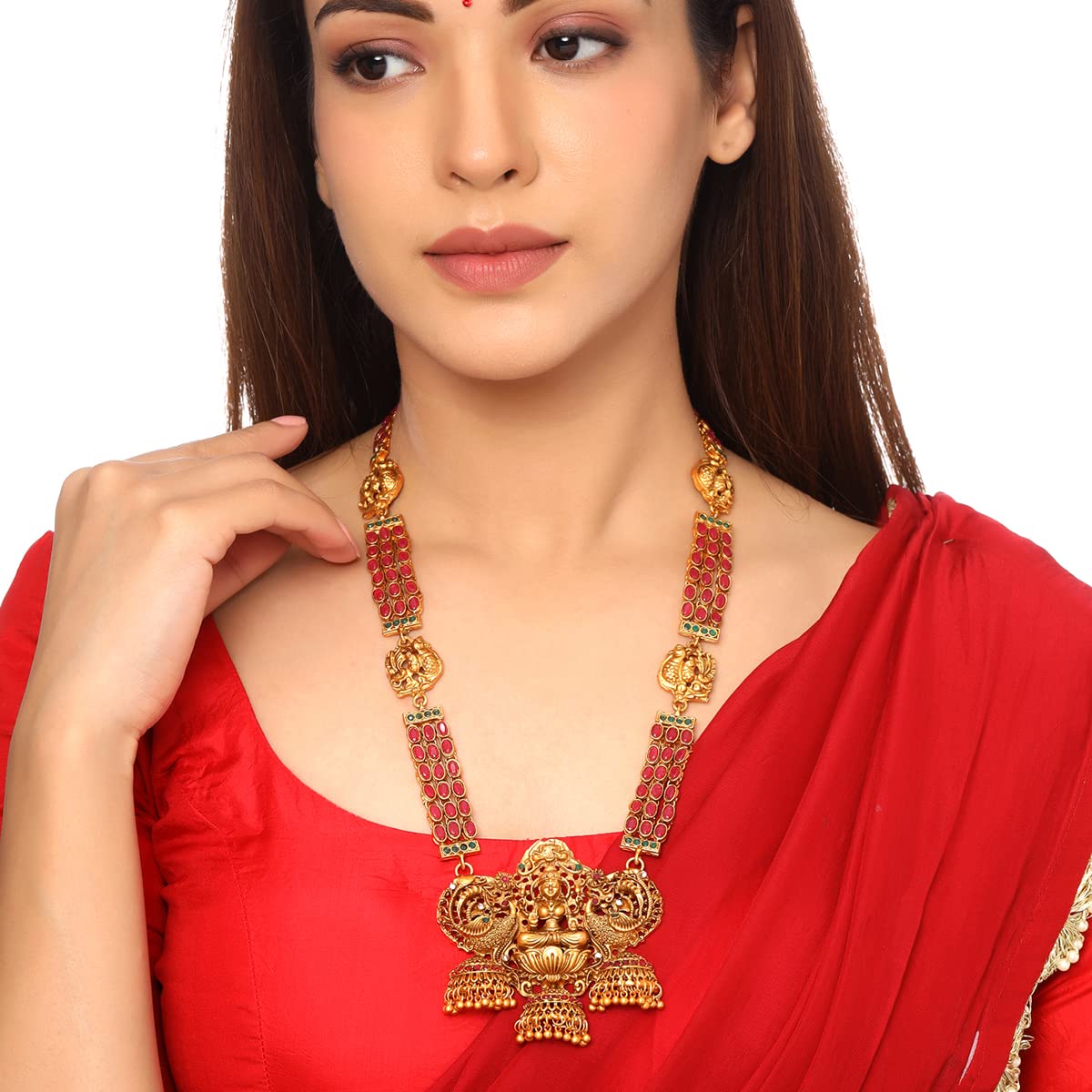 Women Gold Plated Traditional Temple Jewelry Set Antique Necklace Set with Earrings and Maangtikka for Women and Girls