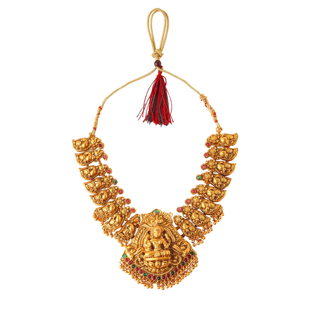 Women Gold Plated Traditional Temple Jewelry Set Antique Necklace Set with Earrings and Maangtikka for Women and Girls