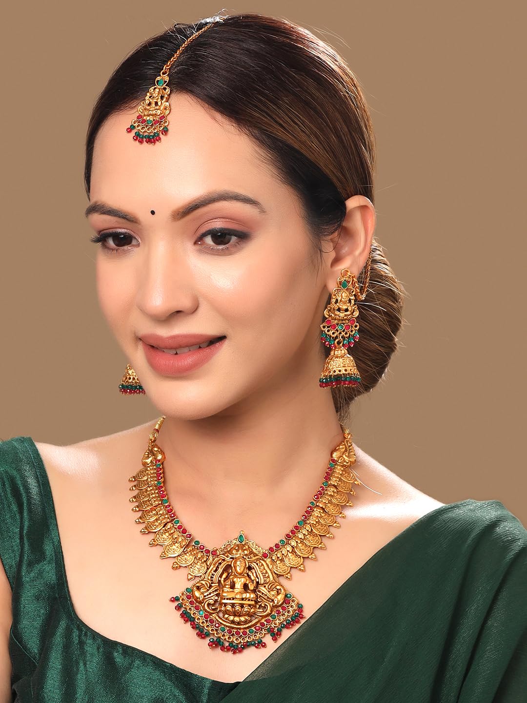 Women Gold Plated Traditional Temple Jewelry Set Antique Necklace Set with Earrings and Maangtikka for Women and Girls