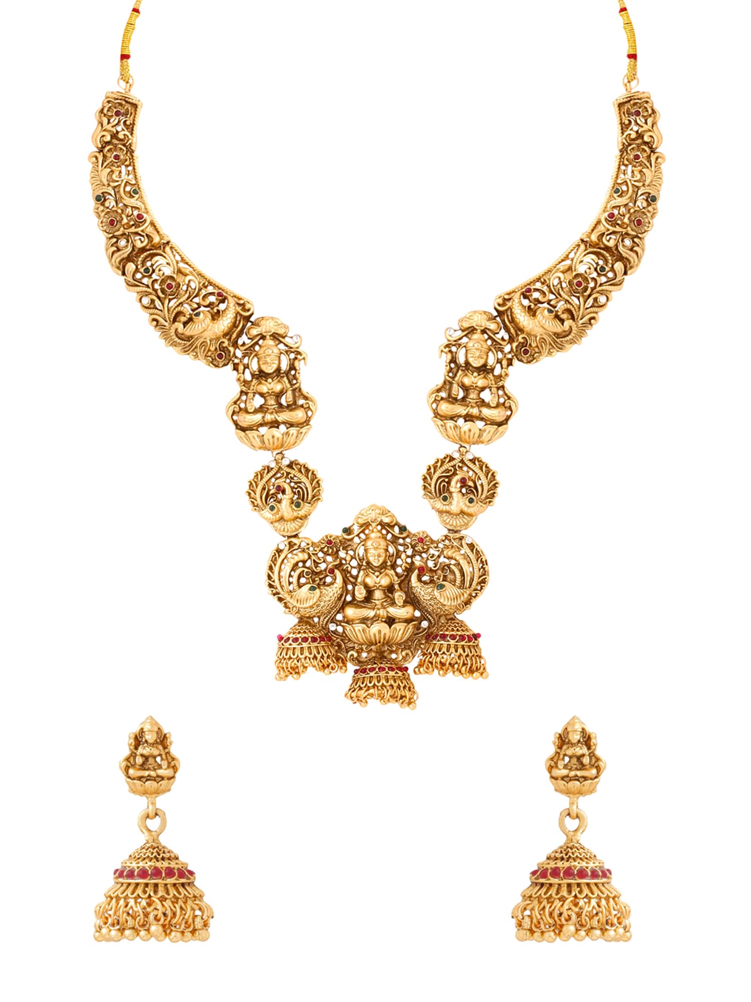 Women Gold Plated Traditional Temple Jewelry Set Antique Necklace Set with Earrings and Maangtikka for Women and Girls