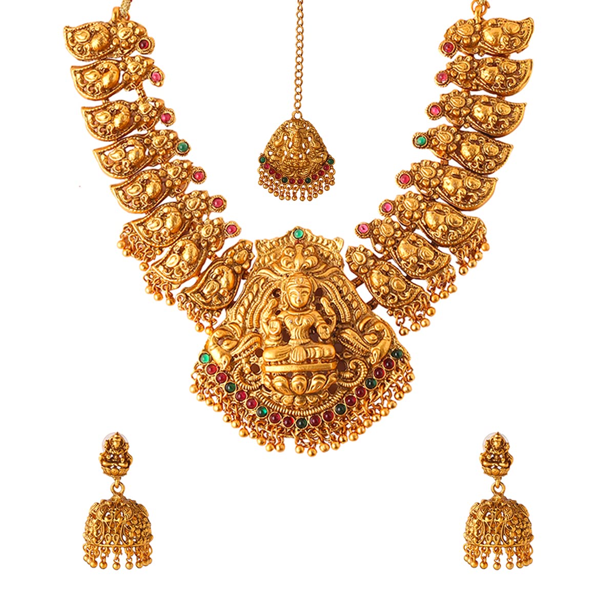 Women Gold Plated Traditional Temple Jewelry Set Antique Necklace Set with Earrings and Maangtikka for Women and Girls