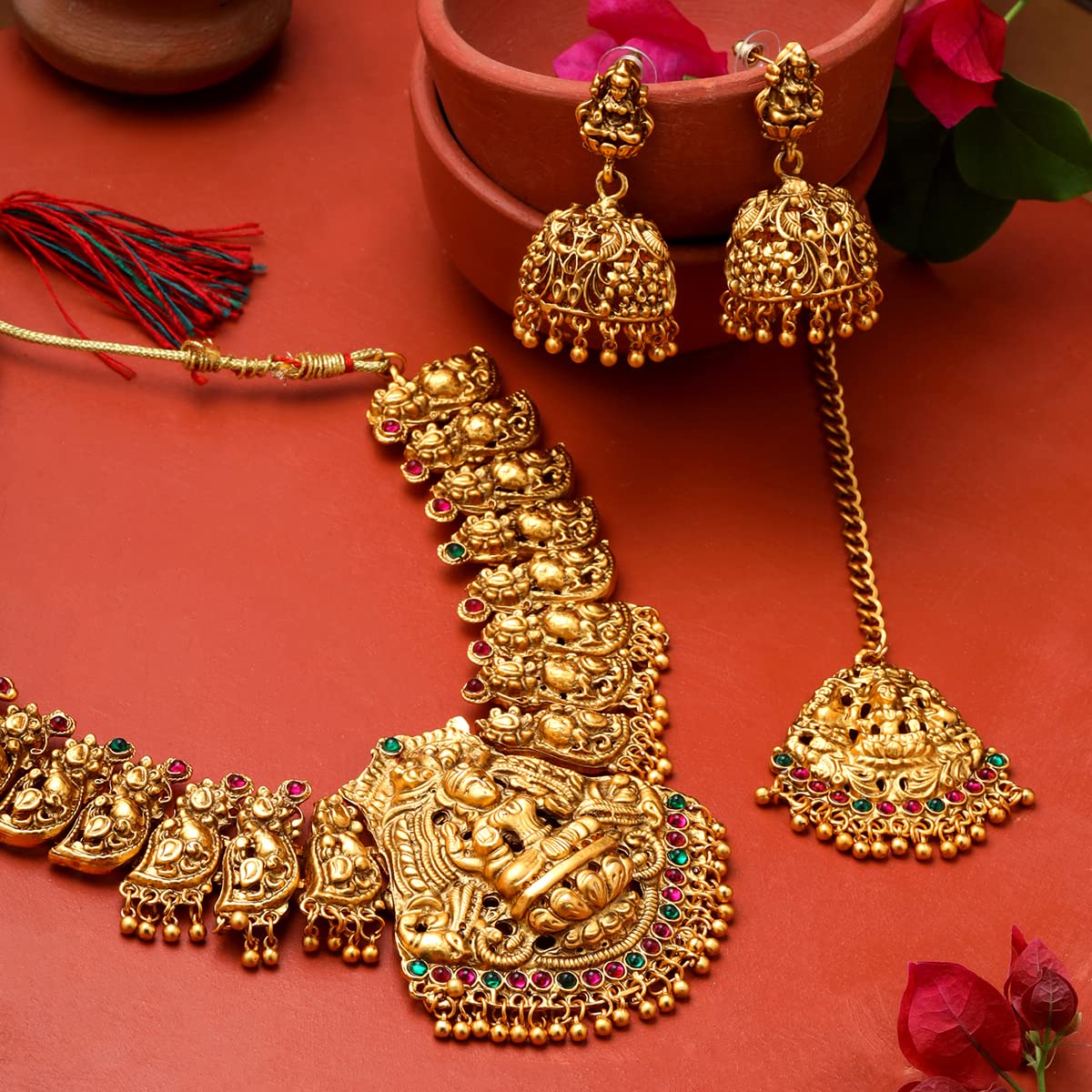 Women Gold Plated Traditional Temple Jewelry Set Antique Necklace Set with Earrings and Maangtikka for Women and Girls