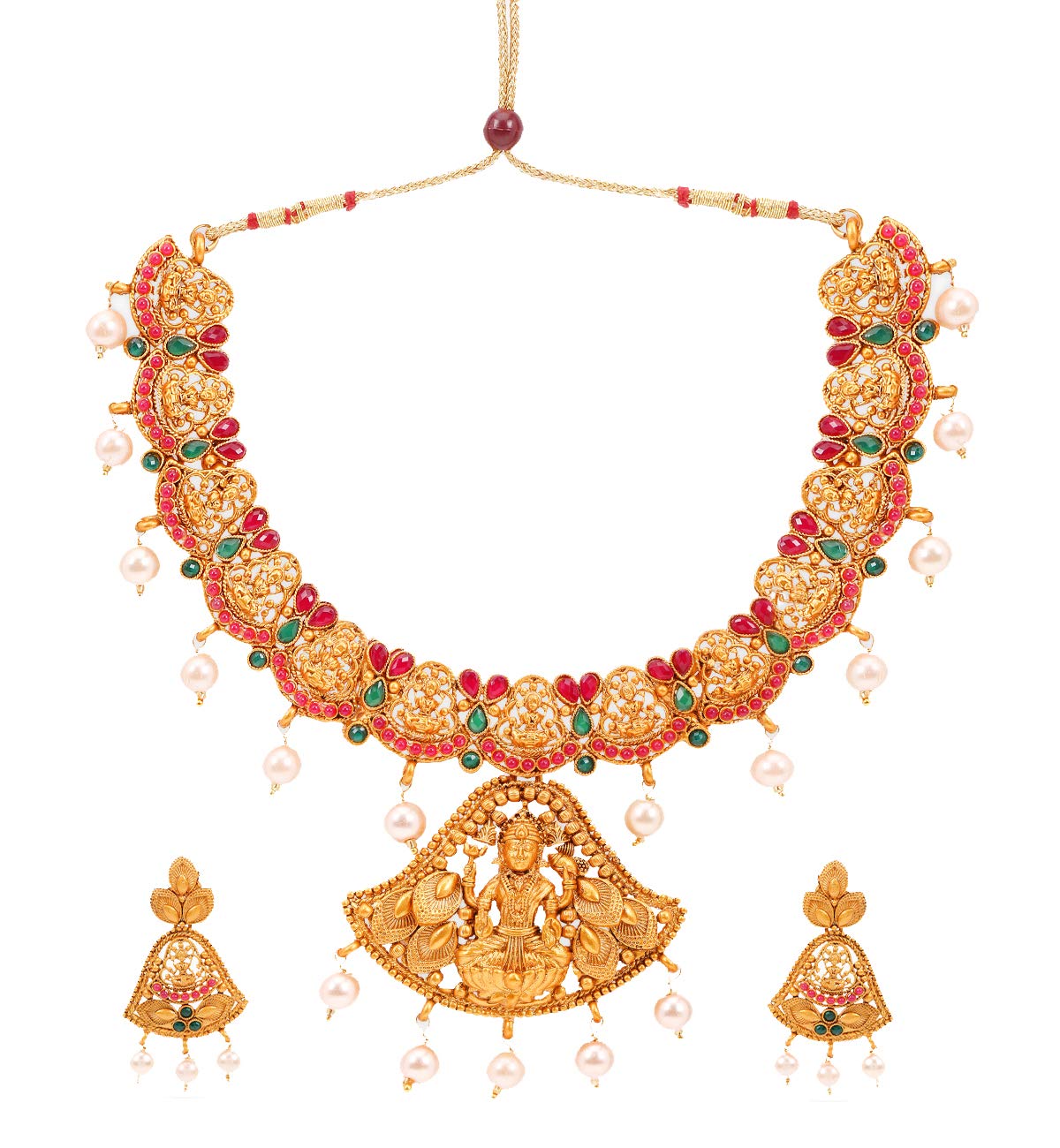 Women Gold Plated Traditional Temple Jewelry Set Antique Necklace Set with Earrings and Maangtikka for Women and Girls