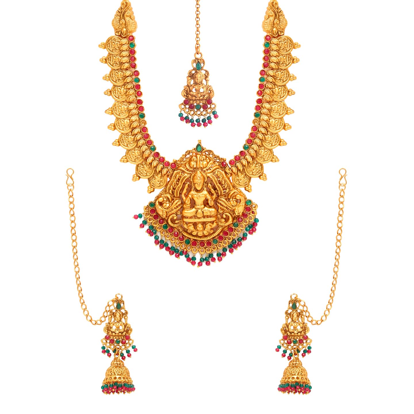 Women Gold Plated Traditional Temple Jewelry Set Antique Necklace Set with Earrings and Maangtikka for Women and Girls