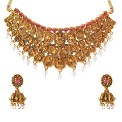Women Gold Plated Traditional Temple Jewelry Set Antique Necklace Set with Earrings and Maangtikka for Women and Girls