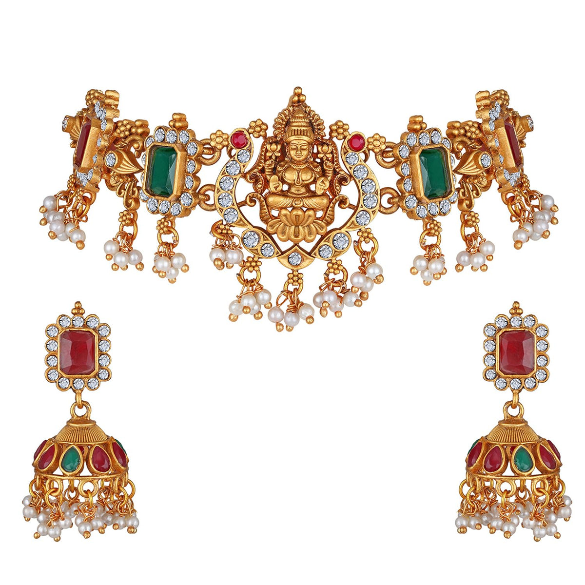 Latest Stylish Design Fancy Pearl Choker Traditional Temple Necklace Jewellery Set for Women (13873s) (Golden)