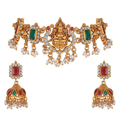 Latest Stylish Design Fancy Pearl Choker Traditional Temple Necklace Jewellery Set for Women (13873s) (Golden)