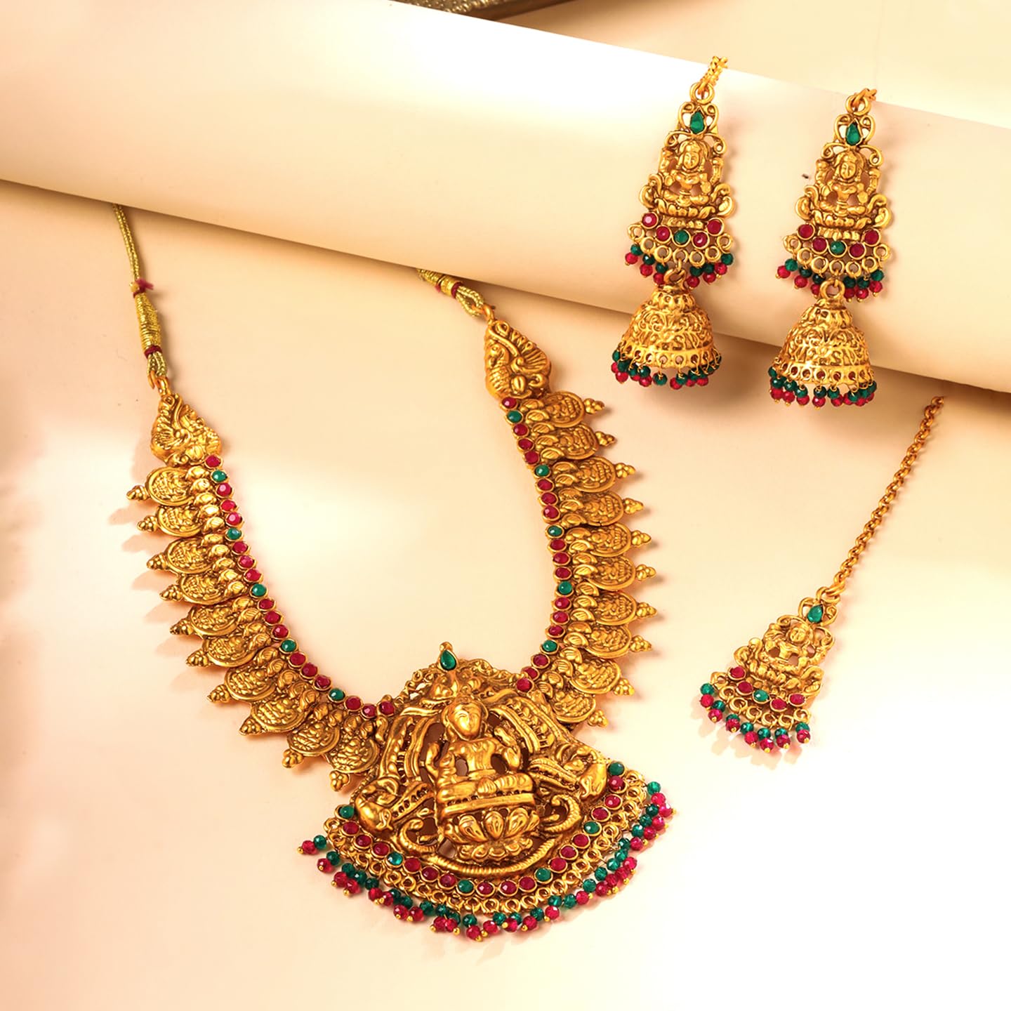 Women Gold Plated Traditional Temple Jewelry Set Antique Necklace Set with Earrings and Maangtikka for Women and Girls