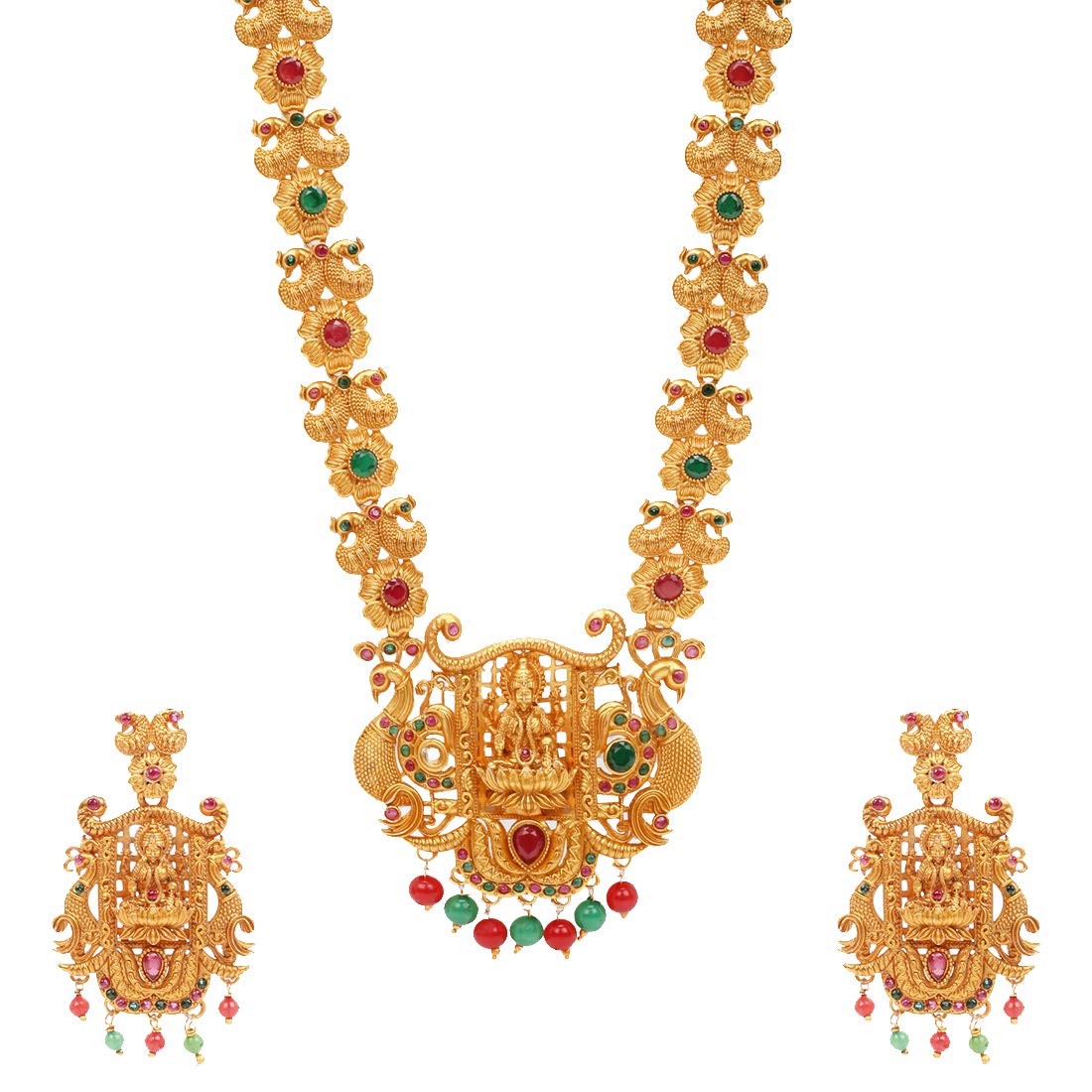 Women Gold Plated Traditional Temple Jewelry Set Antique Necklace Set with Earrings and Maangtikka for Women and Girls