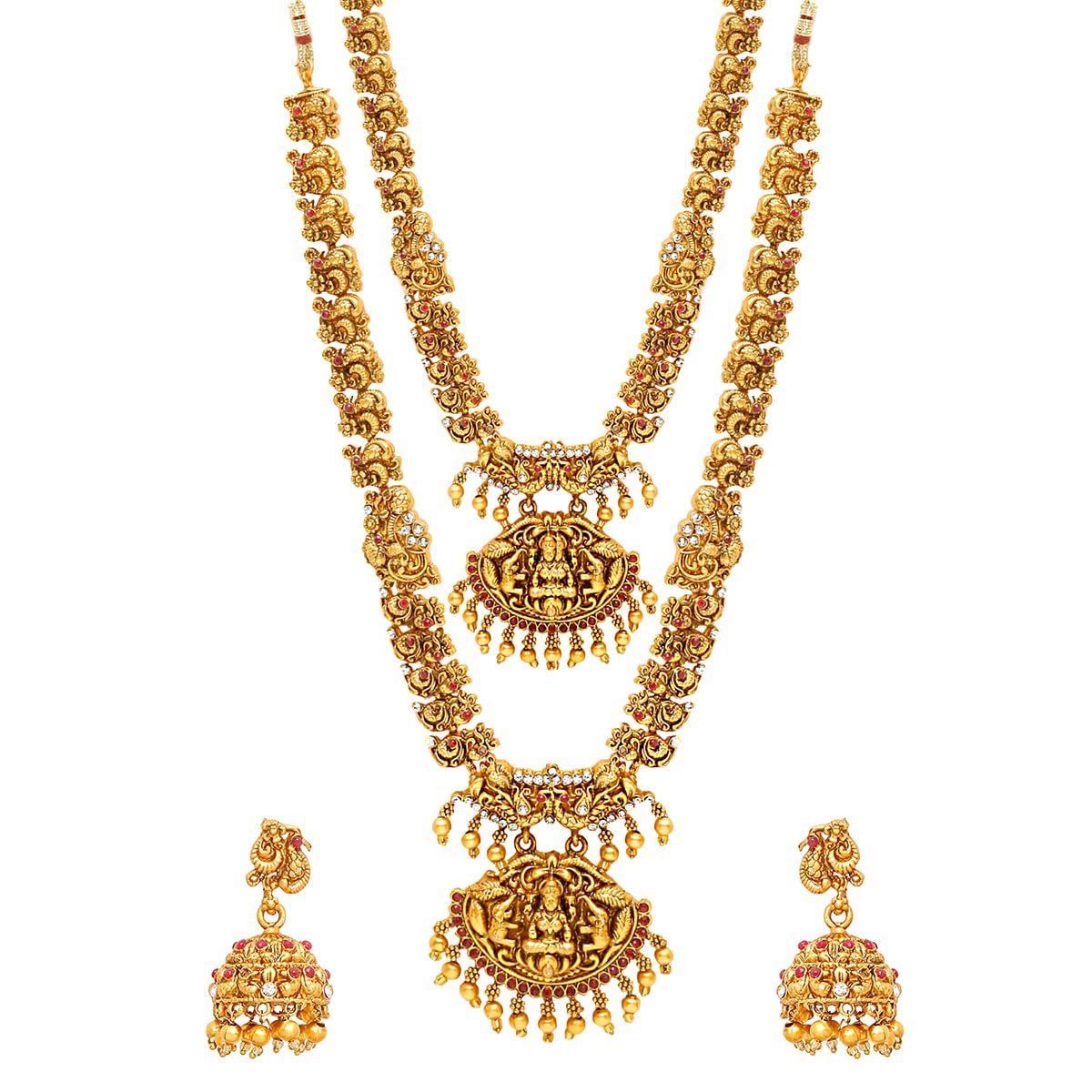 Women Gold Plated Traditional Temple Jewelry Set Antique Necklace Set with Earrings and Maangtikka for Women and Girls