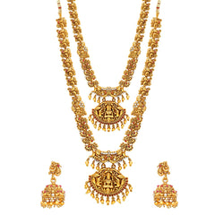 Women Gold Plated Traditional Temple Jewelry Set Antique Necklace Set with Earrings and Maangtikka for Women and Girls