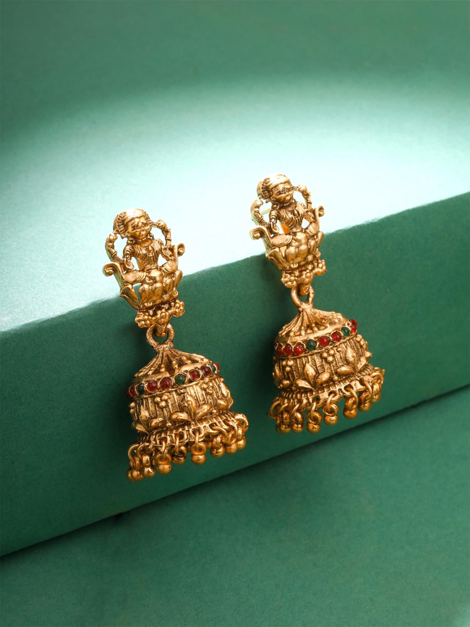 Women Gold Plated Traditional Temple Jewelry Set Antique Necklace Set with Earrings and Maangtikka for Women and Girls