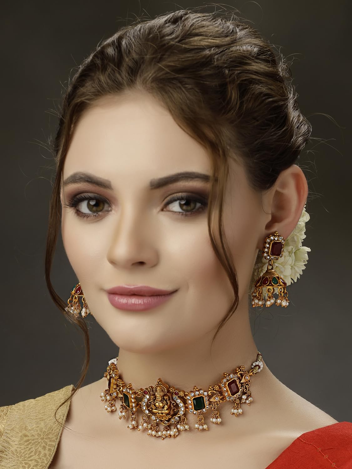 Latest Stylish Design Fancy Pearl Choker Traditional Temple Necklace Jewellery Set for Women (13873s) (Golden)
