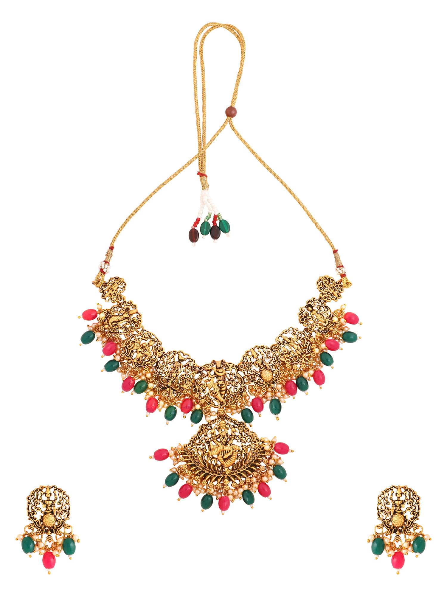 Women Gold Plated Traditional Temple Jewelry Set Antique Necklace Set with Earrings and Maangtikka for Women and Girls