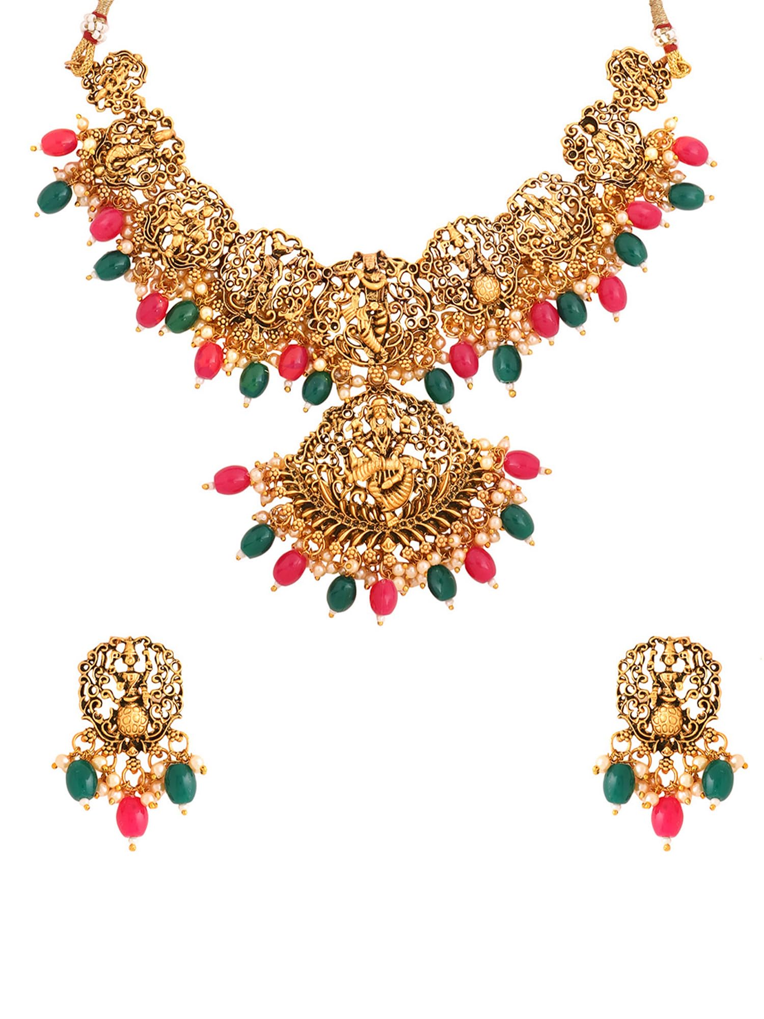 Women Gold Plated Traditional Temple Jewelry Set Antique Necklace Set with Earrings and Maangtikka for Women and Girls