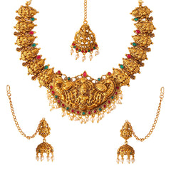 Women Gold Plated Traditional Temple Jewelry Set Antique Necklace Set with Earrings and Maangtikka for Women and Girls