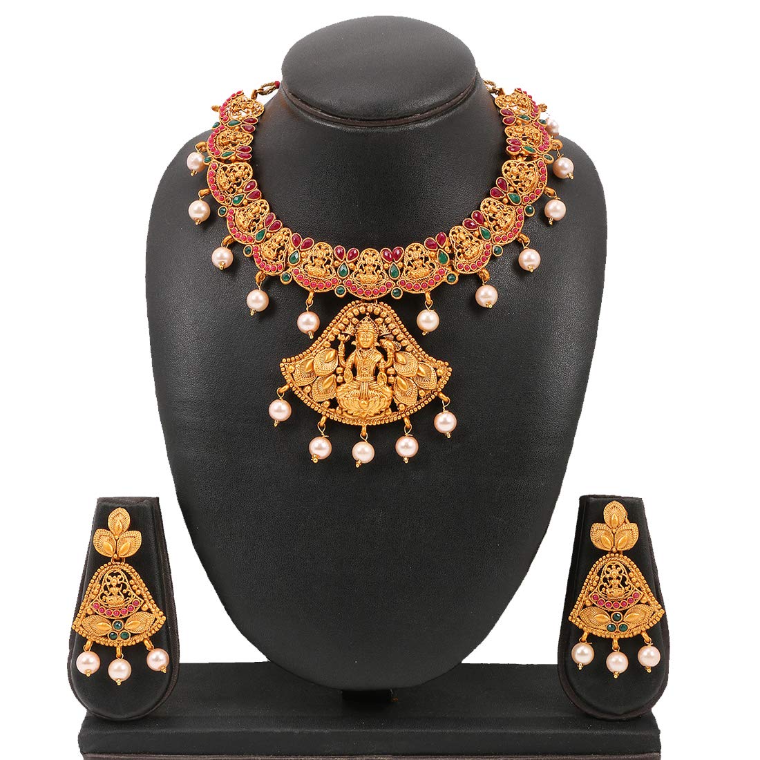 Women Gold Plated Traditional Temple Jewelry Set Antique Necklace Set with Earrings and Maangtikka for Women and Girls