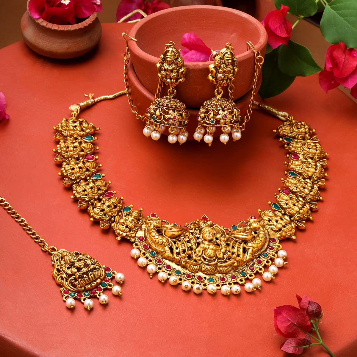 Women Gold Plated Traditional Temple Jewelry Set Antique Necklace Set with Earrings and Maangtikka for Women and Girls