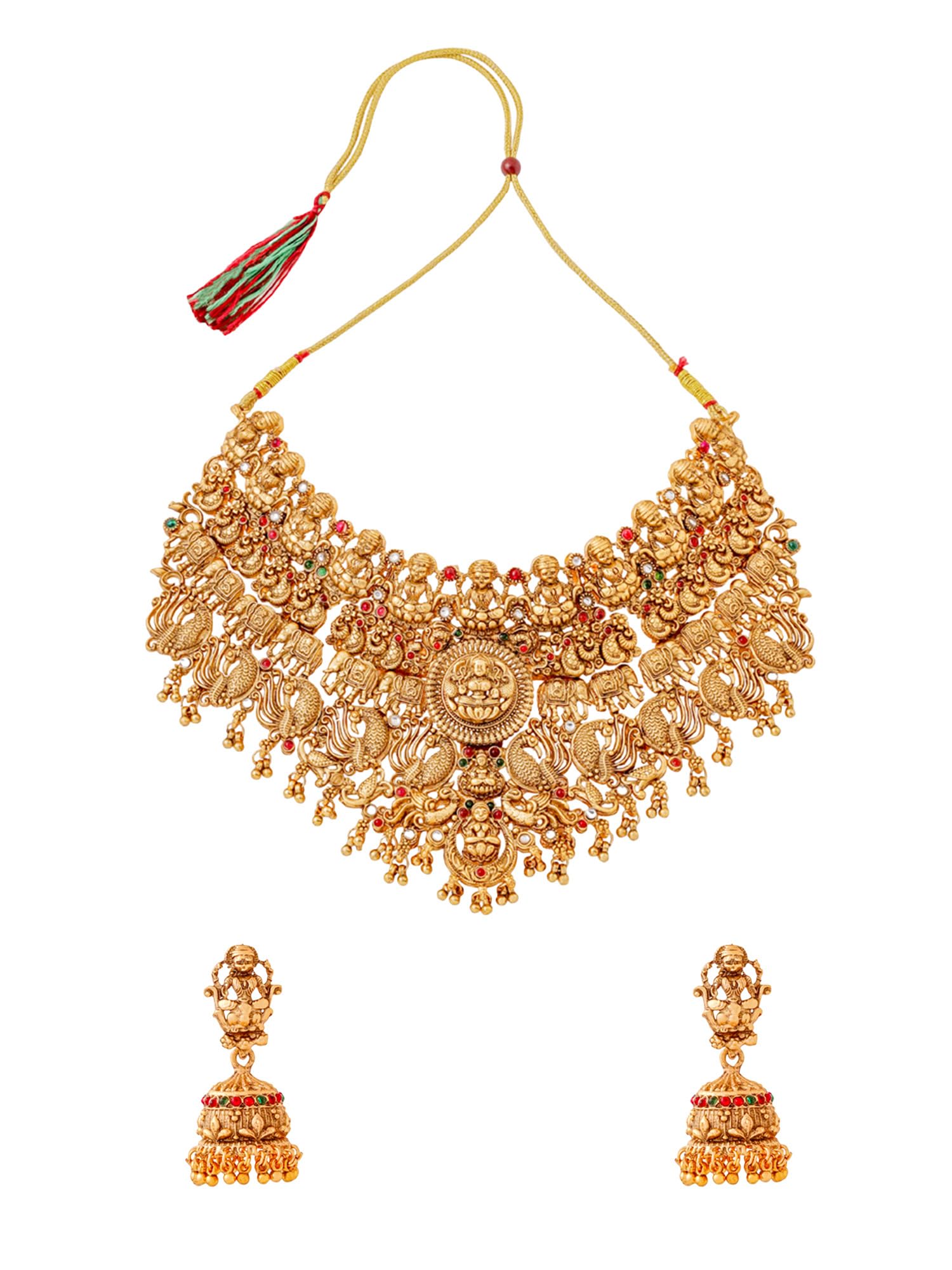 Women Gold Plated Traditional Temple Jewelry Set Antique Necklace Set with Earrings and Maangtikka for Women and Girls