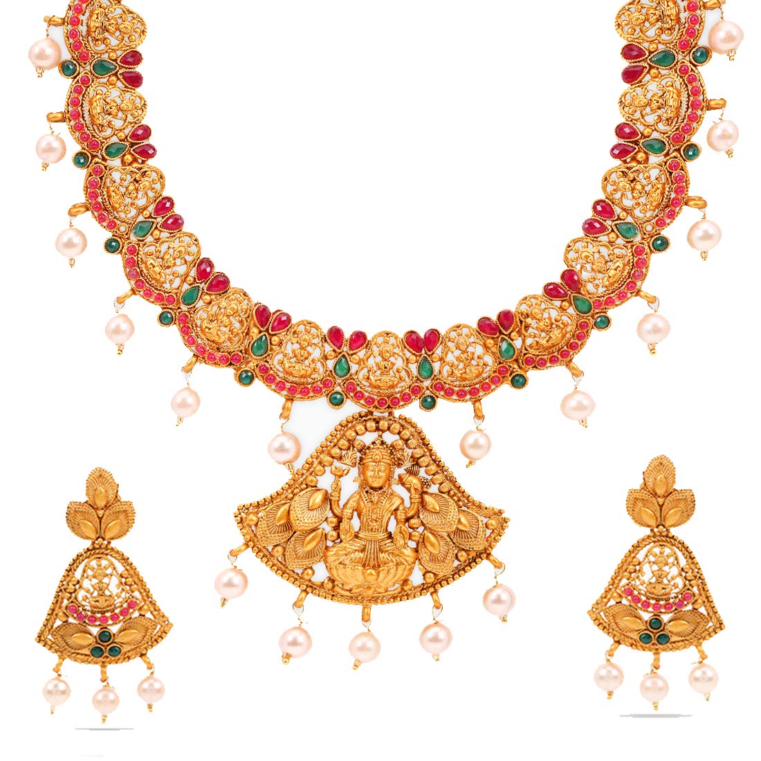 Women Gold Plated Traditional Temple Jewelry Set Antique Necklace Set with Earrings and Maangtikka for Women and Girls