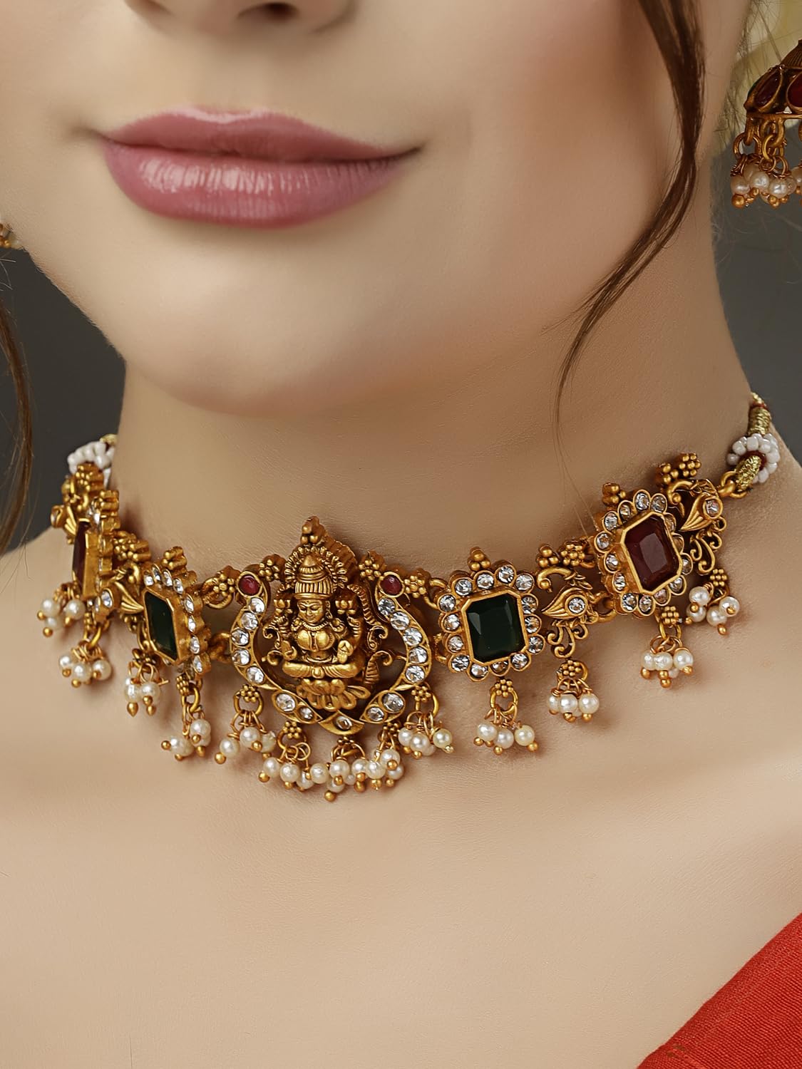 Latest Stylish Design Fancy Pearl Choker Traditional Temple Necklace Jewellery Set for Women (13873s) (Golden)