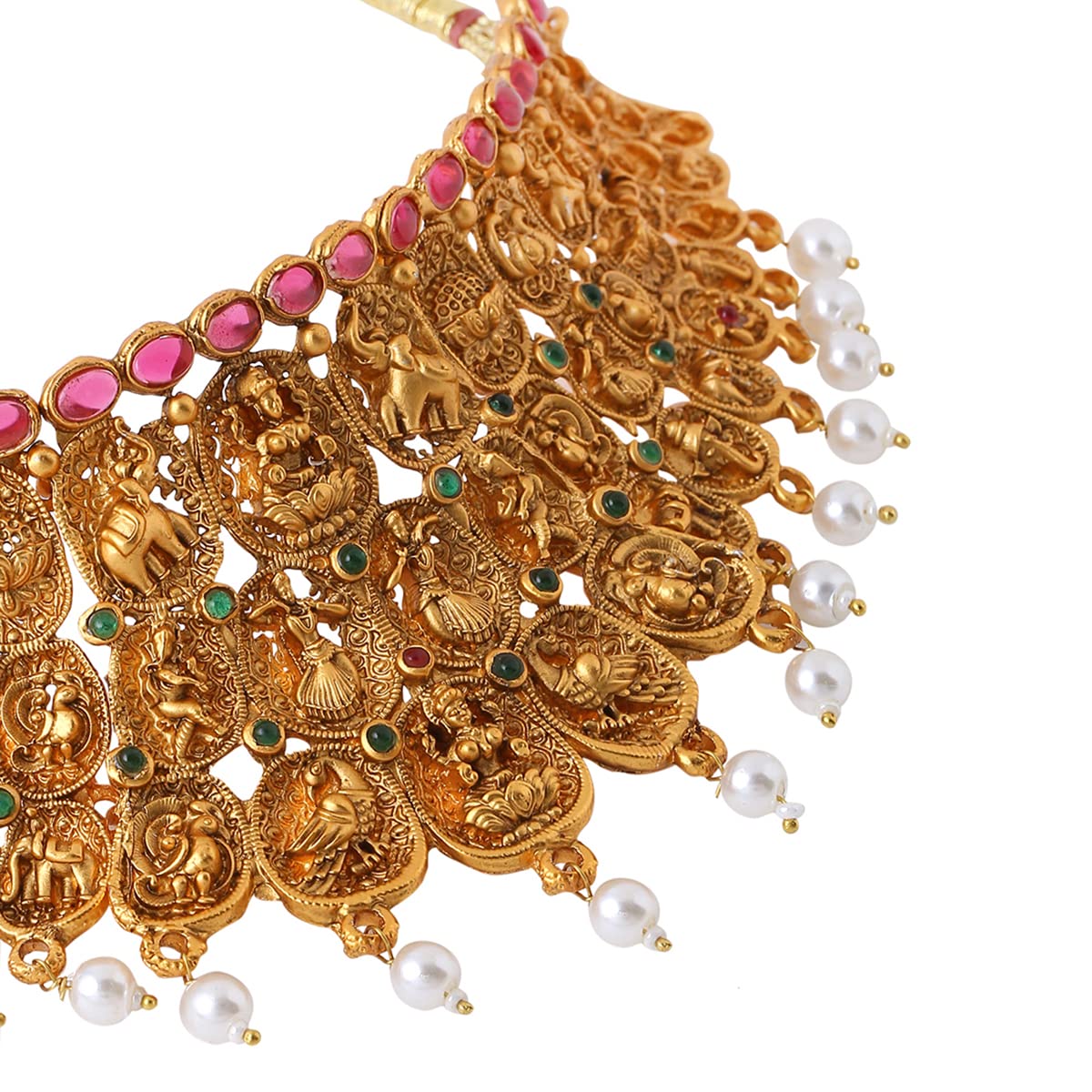 Women Gold Plated Traditional Temple Jewelry Set Antique Necklace Set with Earrings and Maangtikka for Women and Girls