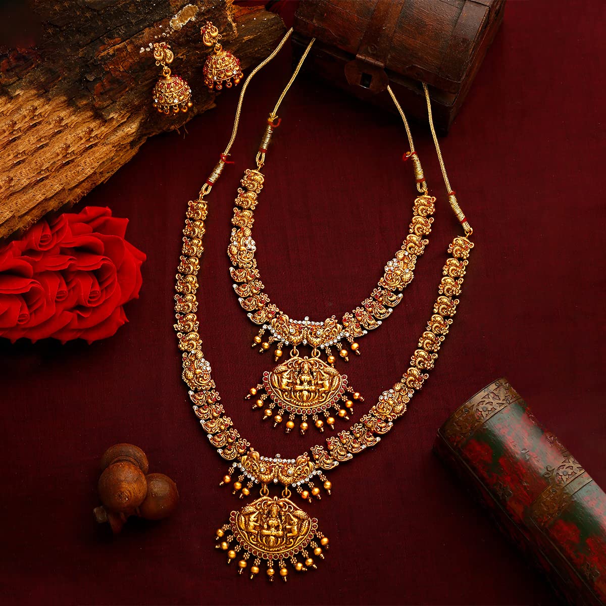 Women Gold Plated Traditional Temple Jewelry Set Antique Necklace Set with Earrings and Maangtikka for Women and Girls