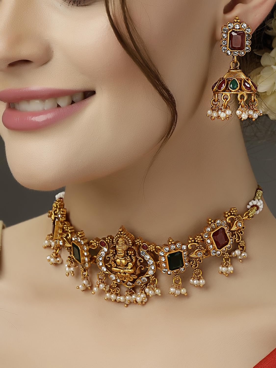 Latest Stylish Design Fancy Pearl Choker Traditional Temple Necklace Jewellery Set for Women (13873s) (Golden)