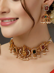 Latest Stylish Design Fancy Pearl Choker Traditional Temple Necklace Jewellery Set for Women (13873s) (Golden)