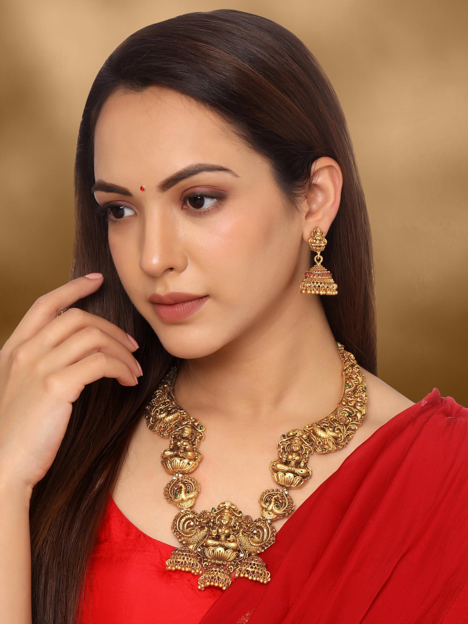 Women Gold Plated Traditional Temple Jewelry Set Antique Necklace Set with Earrings and Maangtikka for Women and Girls