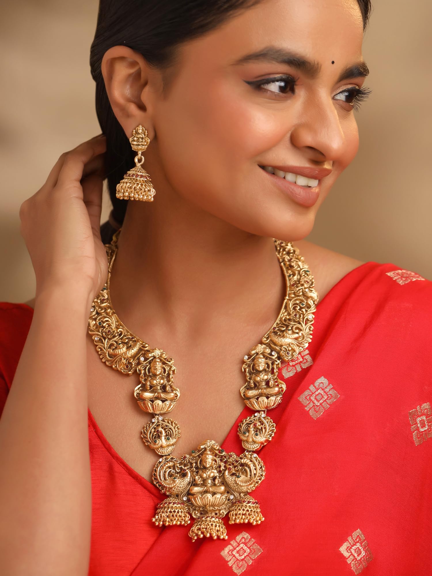 Women Gold Plated Traditional Temple Jewelry Set Antique Necklace Set with Earrings and Maangtikka for Women and Girls