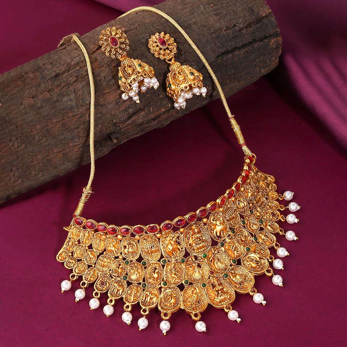 Women Gold Plated Traditional Temple Jewelry Set Antique Necklace Set with Earrings and Maangtikka for Women and Girls