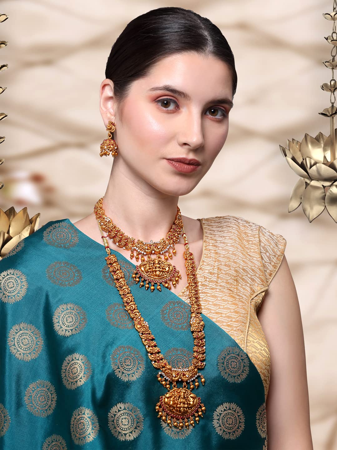 Women Gold Plated Traditional Temple Jewelry Set Antique Necklace Set with Earrings and Maangtikka for Women and Girls