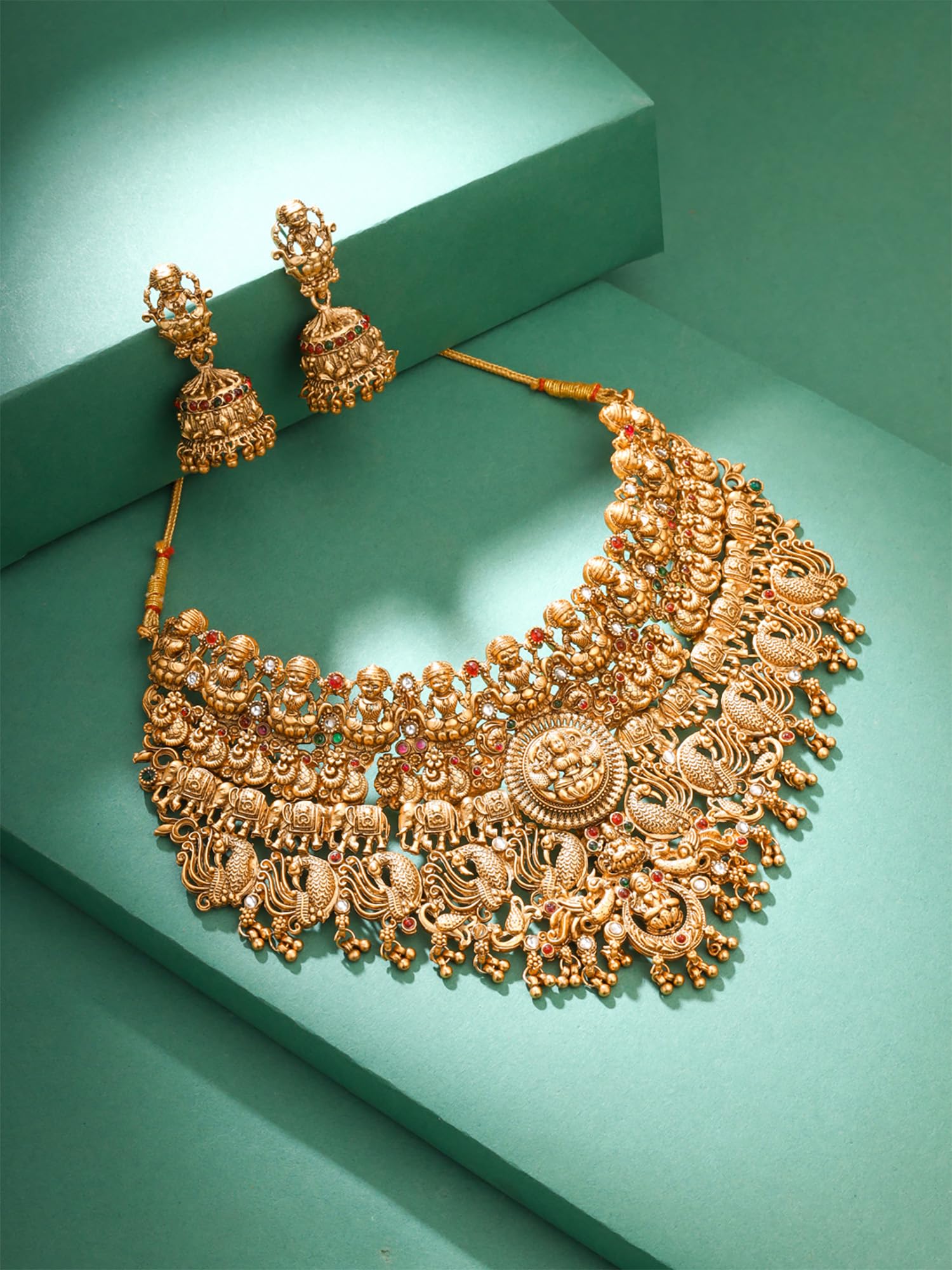 Women Gold Plated Traditional Temple Jewelry Set Antique Necklace Set with Earrings and Maangtikka for Women and Girls