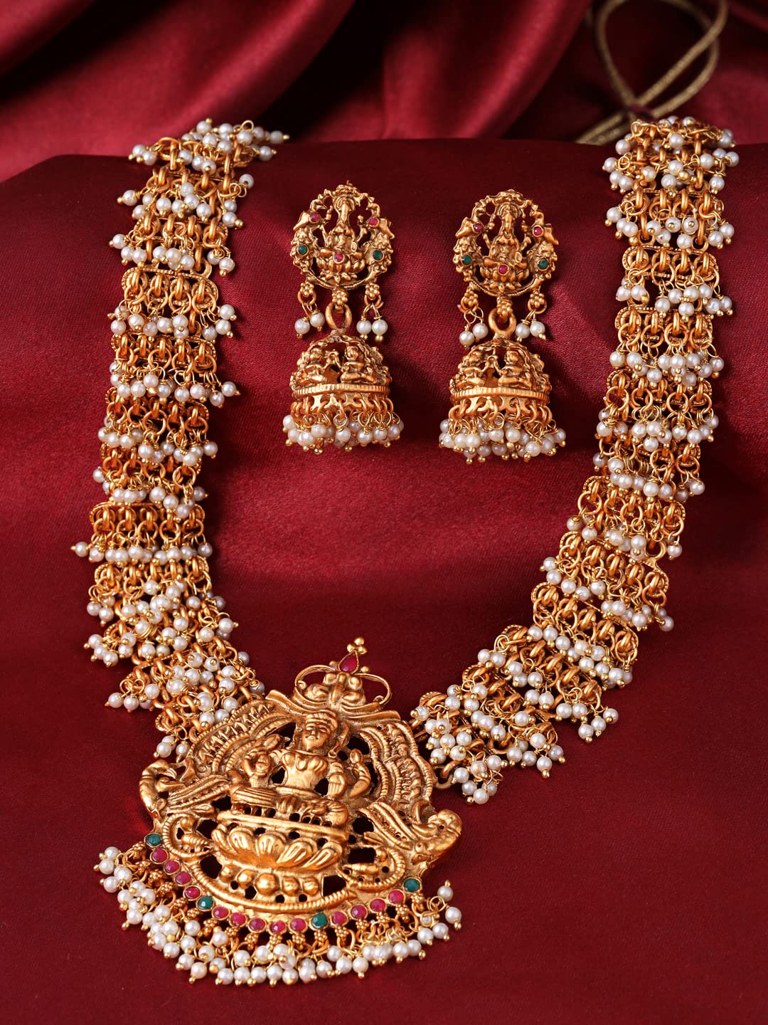 Women Gold Plated Traditional Temple Jewelry Set Antique Necklace Set with Earrings and Maangtikka for Women and Girls