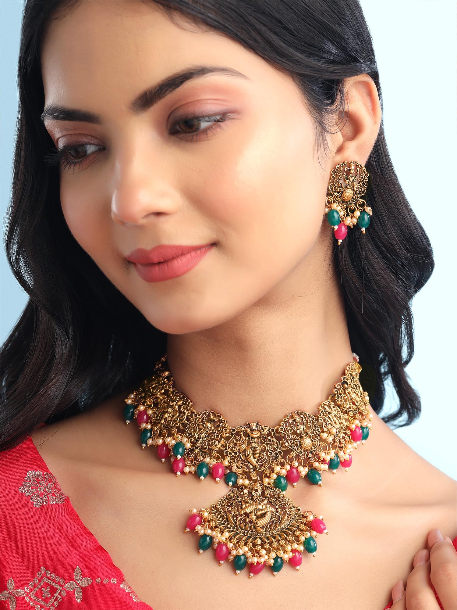 Women Gold Plated Traditional Temple Jewelry Set Antique Necklace Set with Earrings and Maangtikka for Women and Girls