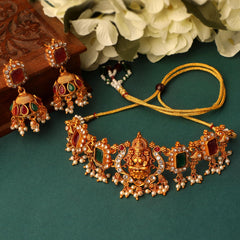 Latest Stylish Design Fancy Pearl Choker Traditional Temple Necklace Jewellery Set for Women (13873s) (Golden)