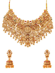 Women Gold Plated Traditional Temple Jewelry Set Antique Necklace Set with Earrings and Maangtikka for Women and Girls