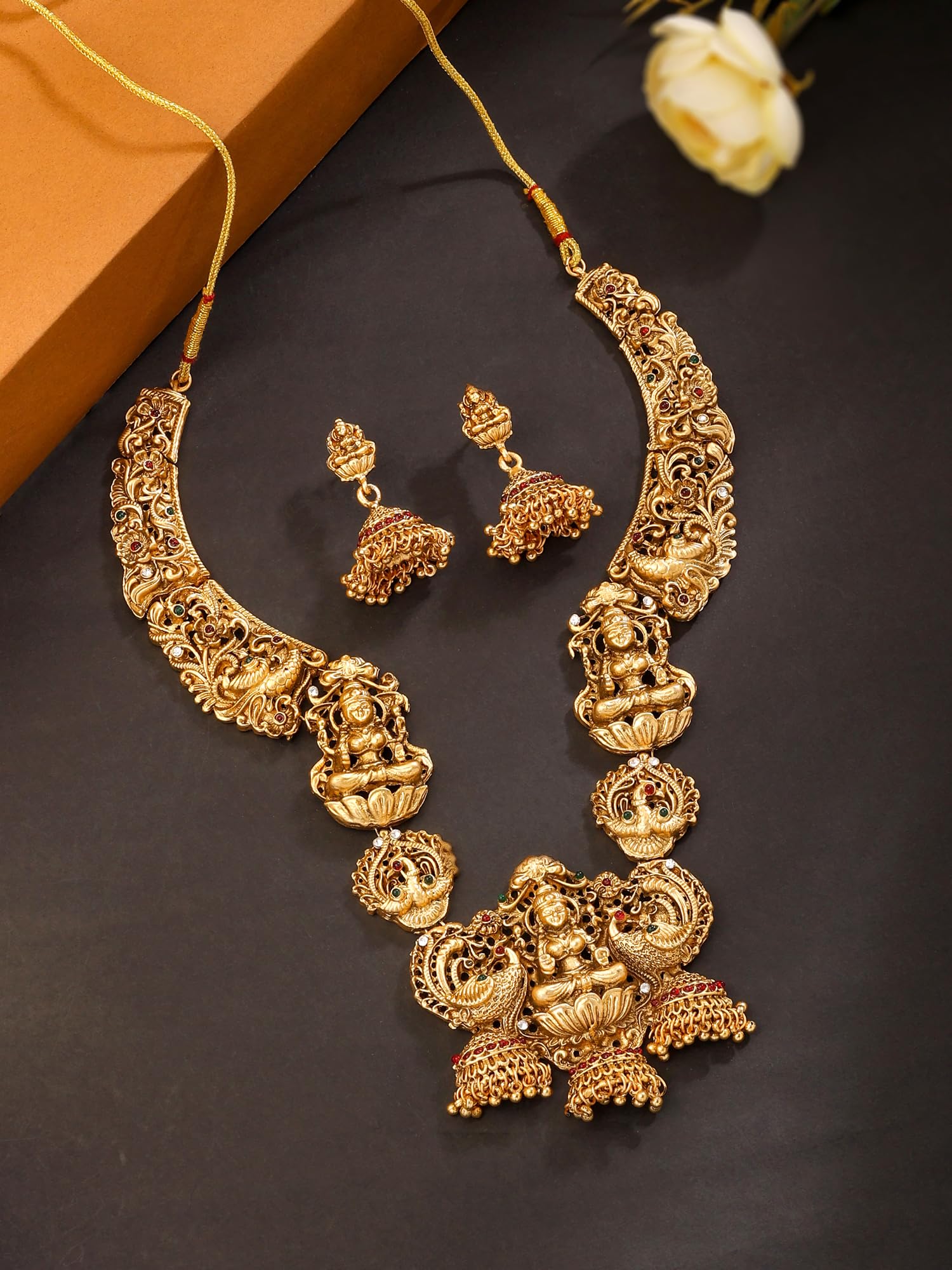 Women Gold Plated Traditional Temple Jewelry Set Antique Necklace Set with Earrings and Maangtikka for Women and Girls