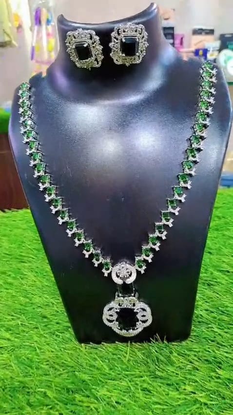 Silver Plated Green Stone Necklace Set with Earrings – Designer American Diamond Jewelry for Women