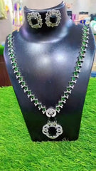 Silver Plated Green Stone Necklace Set with Earrings – Designer American Diamond Jewelry for Women