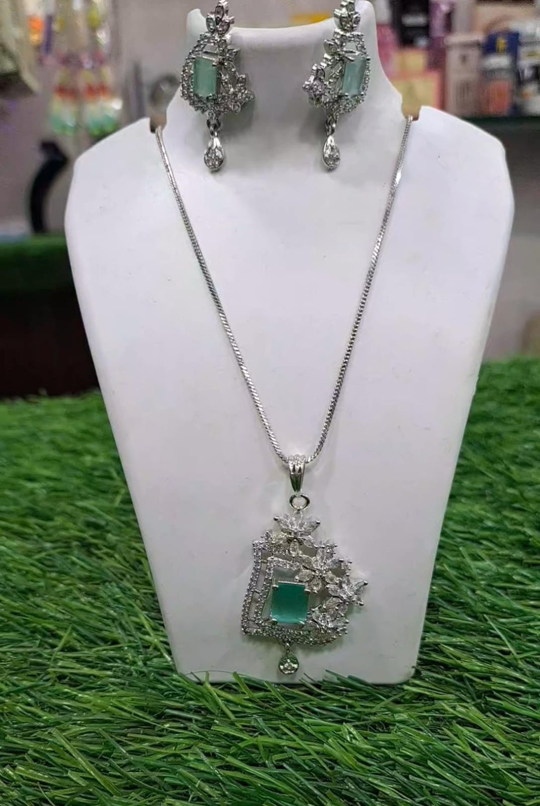 Green Stone Pendant Necklace Set with Earrings | Premium A D Party Jewelry for Women